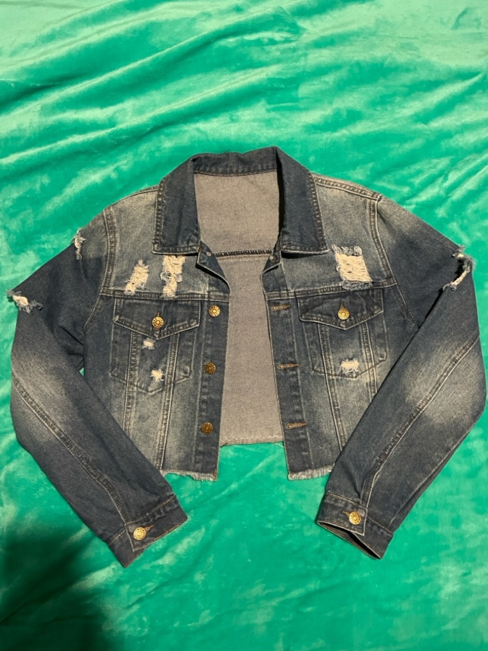 Distressed Dark Blue Denim Jacket - Cropped Size Small